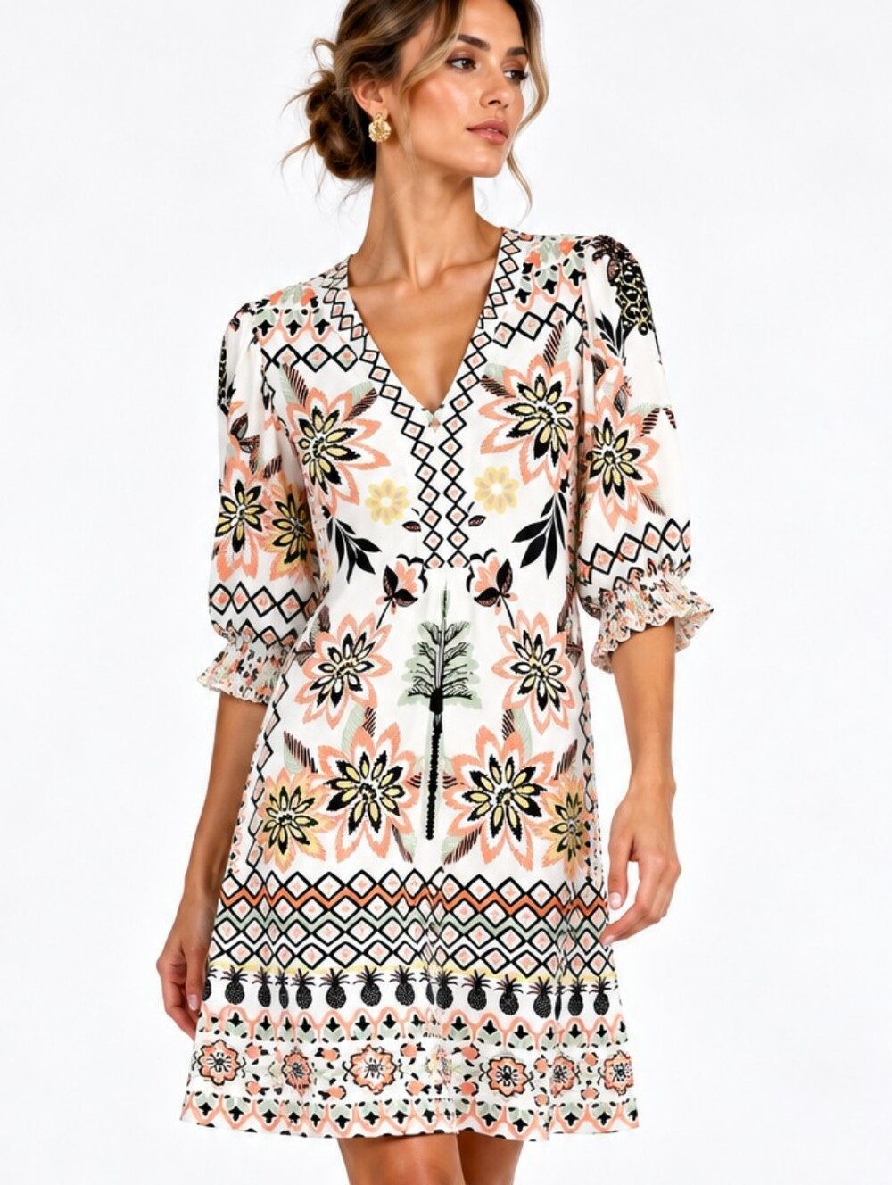 Hale Bob Dress Topical Pattern V-neck Short Sleeves